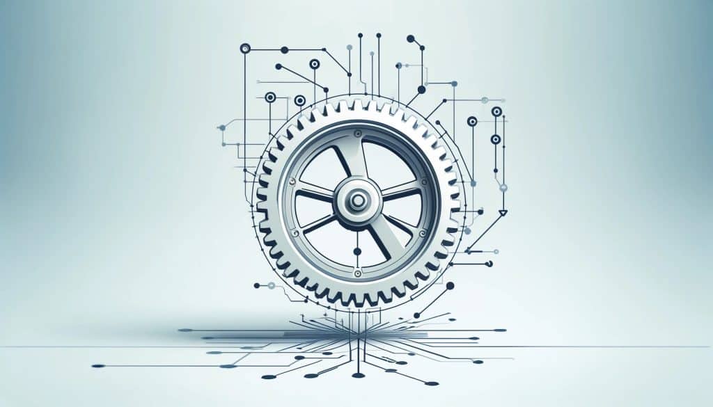 An elegant illustration of a digital network map alongside a mechanical wheel, set against a soft, uniform background