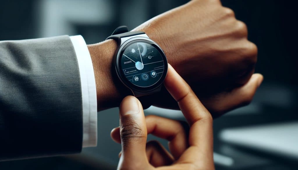 Close-up of a modern digital wristwatch on the wrist of a person displaying vibrant notifications and data flow