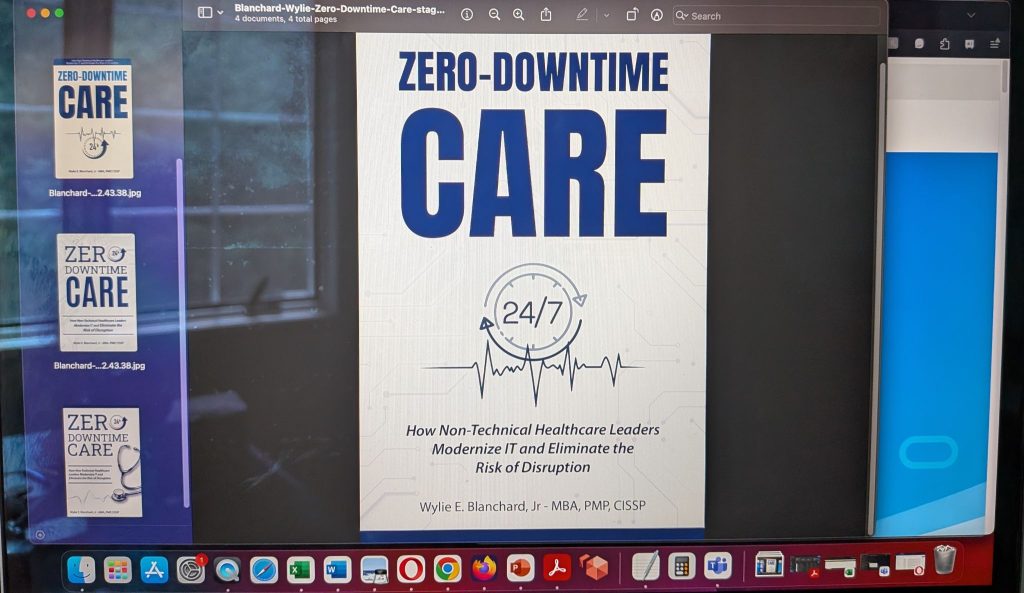 Laptop displaying four cover drafts of book ‘Zero-Downtime Care’.