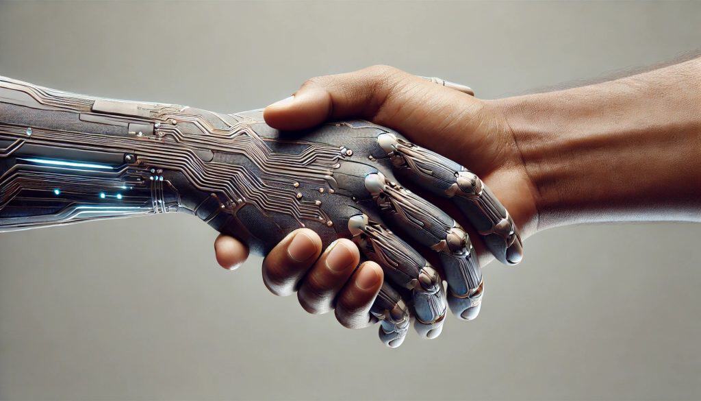 Two hands shaking. One human hand and one technology enhanced hand